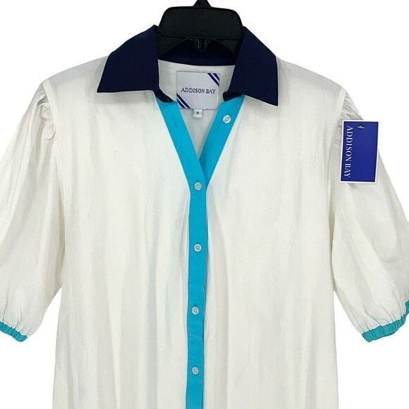 ADDISON BAY ISLE DRESS 100% Poplin Cotton White Blue Pipping Drop Waist Midi Sma - Picture 4 of 11